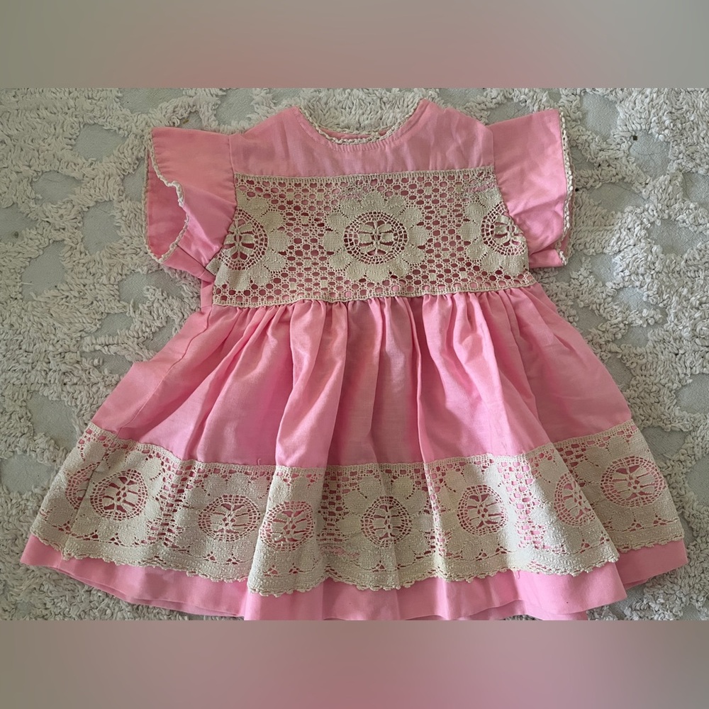 Baby Girl’s Vintage Montgomery Ward Charming Pink Crochet Lace Dress